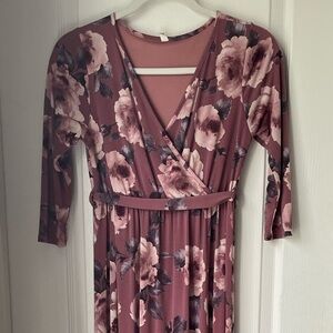 PinkBlush Mauve Abstract Floral Sash Tie Maternity/Nursing Maxi Dress
